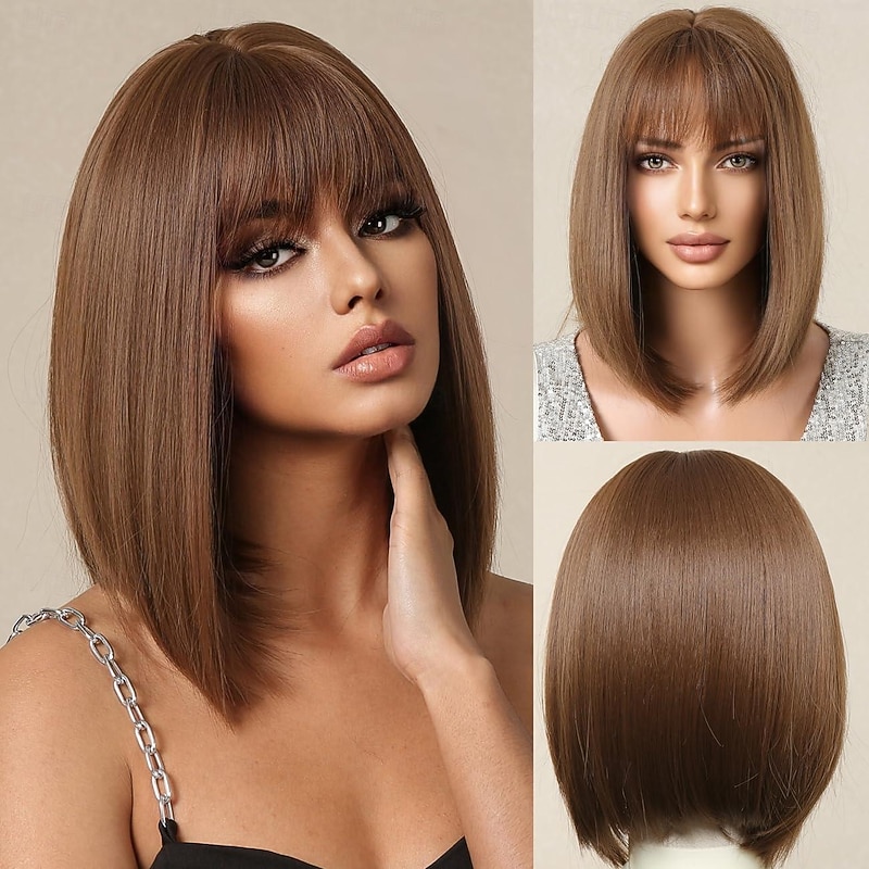 Black Dark Brown Blonde Auburn Bob Brown Wig with Bangs Natural Short Straight Wigs for Women Shoulder Length Synthetic Wigs for Daily Cosplay