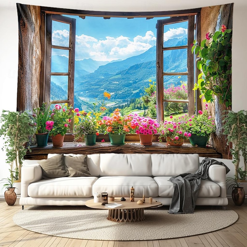 Window Mountain View Hanging Tapestry Wall Art Large Tapestry Mural Decor Photograph Backdrop Blanket Curtain Home Bedroom Living Room Decoration Cottagecore