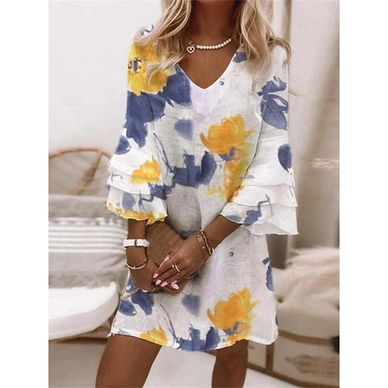 Women's Casual Dress Floral Ruffle Print V Neck Mini Dress Stylish Casual Daily Vacation 3/4 Length Sleeve Summer3