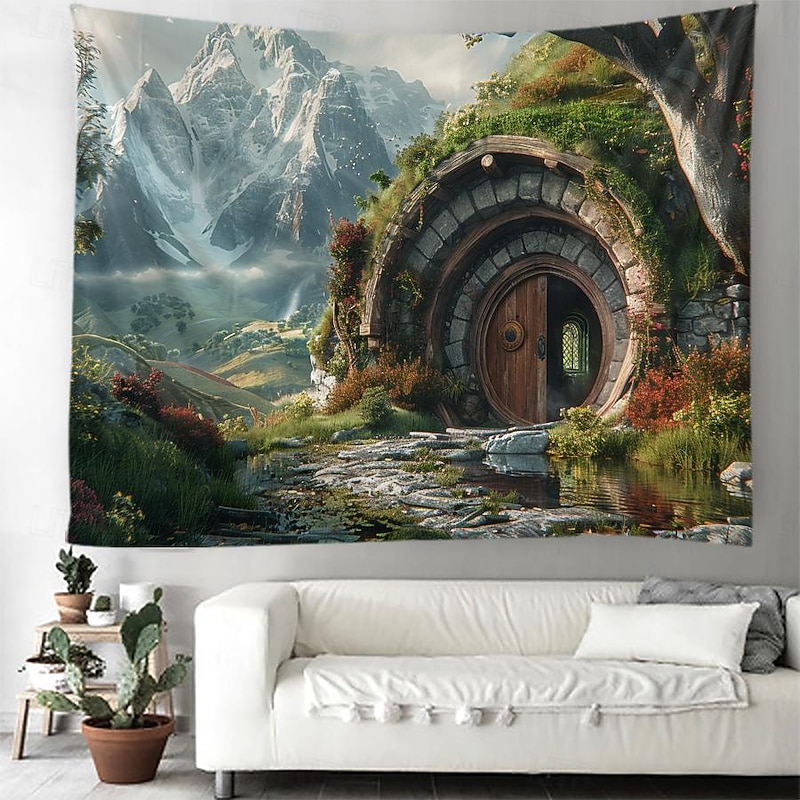 Hobbit Tree Houses Hanging Tapestry Wall Art Large Tapestry Mural Decor Photograph Backdrop Blanket Curtain Home Bedroom Living Room Decoration