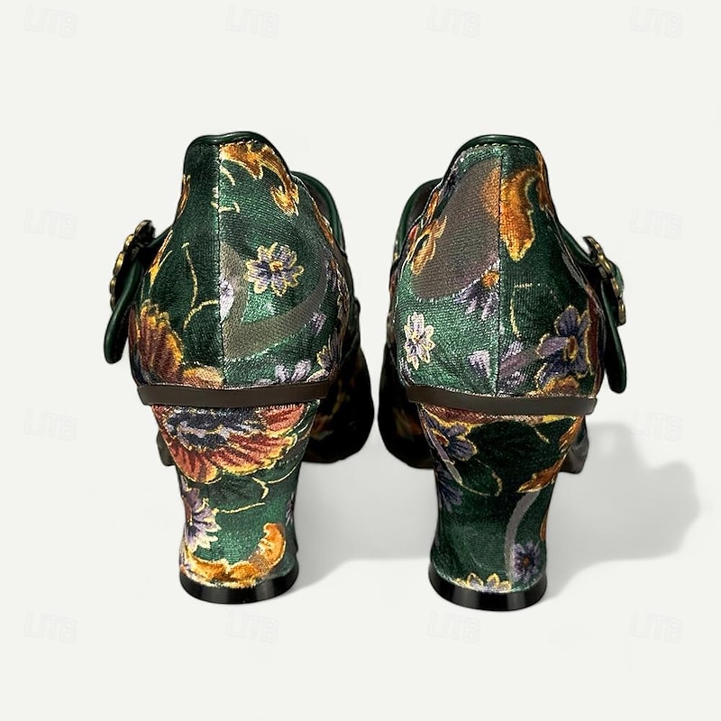 Women's Vintage Floral Mary Jane Heels – Premium Cowhide Leather Block Heel Shoes for Retro Style and Casual Wear3