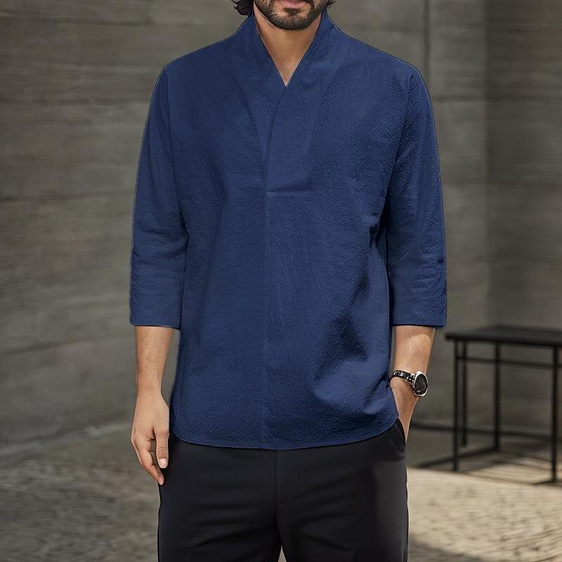 Men's Shirt Cotton Linen Shirt White Cotton Shirt Casual Shirt Plain Hawaiian Holiday Black White Yellow Navy Blue 3/4-Length Sleeve V Neck Spring & Summer Clothing Apparel4