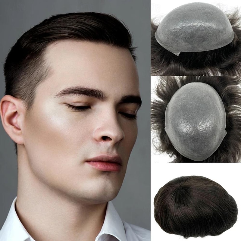 Men Toupee 100% Human Hair Thin Skin Base PU Poly Toupee Hair For Men 8x10 Inch Dark Brown Human Hair