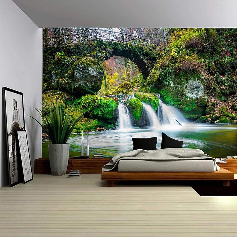Landscape Waterfall Forest Hanging Tapestry Wall Art Large Tapestry Mural Decor Photograph Backdrop Blanket Curtain Home Bedroom Living Room Decoration4