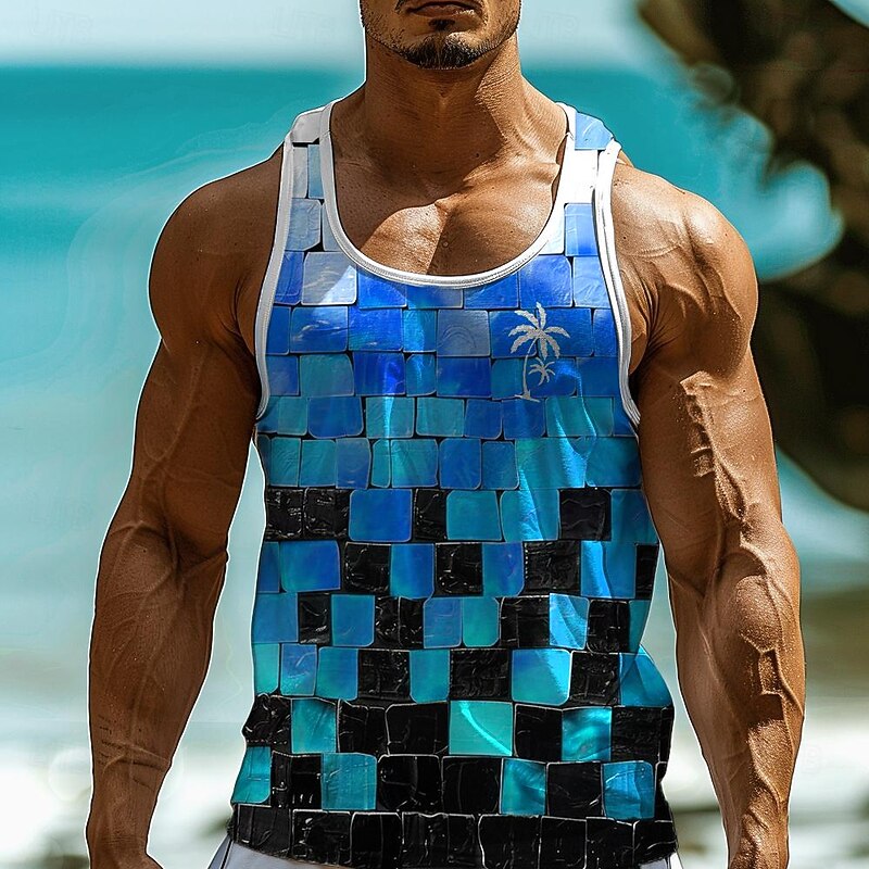 Men's Lattice Coconut Vest Top Sleeveless T shirt 3D Print Crew Neck Shirt Vacation Fashion Hawaiian Casual Daily Hawaiian Blue Orange Summer Spring Clothing Apparel Normal S M L XL XXL XXXL4