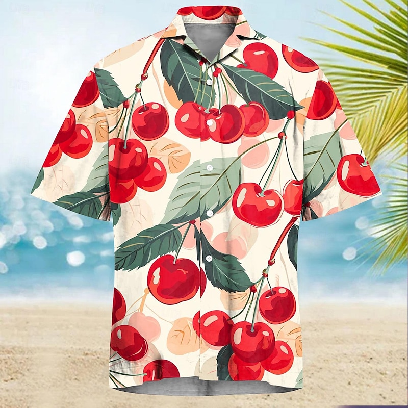 Men's Fruit Cherry Summer Hawaiian Shirt Aloha Shirt Short Sleeves Shirt Turndown Casual Outdoor Vacation Street Yellow Red Green S M L