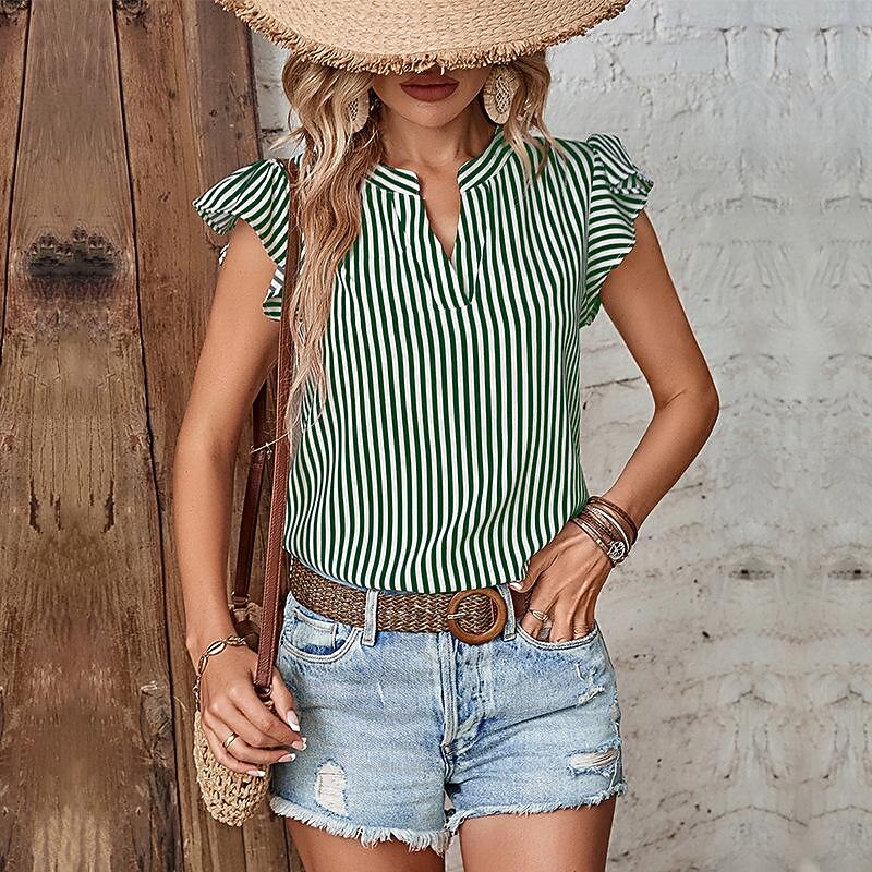 Women's Shirt Blouse Casual Striped Ruffle Print Short Sleeve Regular Tops V Neck Daily Red Navy Blue Blue Brown Green Summer4