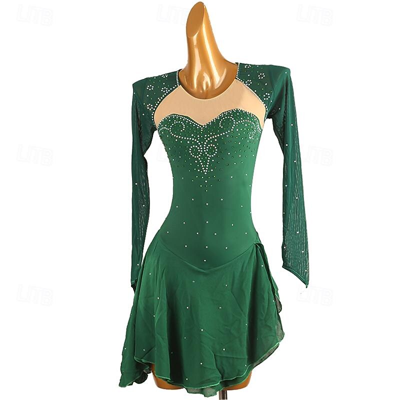 Figure Skating Dress Women's Girls' Ice Skating Dress Dark Green Patchwork Open Back Mesh High Elasticity Training Competition Skating Wear Classic Crystal / Rhinestone Long Sleeve Ice Skating Figure3