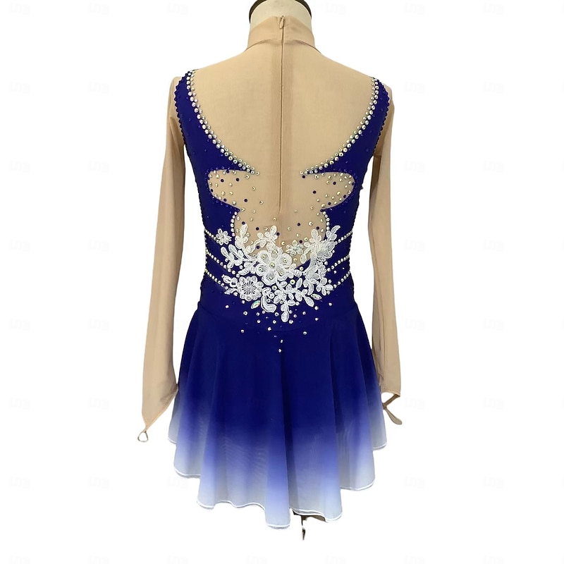 Figure Skating Dress Women's Girls' Ice Skating Dress Blue Fuchsia Thumbhole Halo Dyeing Mesh Spandex Stretchy Training Practice Professional Skating Wear Thermal Warm Classic Crystal / Rhinestone2