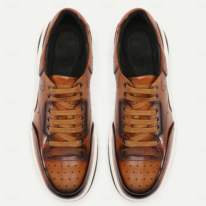 Men's Dress Sneakers Leather Italian Full-Grain Cowhide Slip Resistant Lace-up Yellow-Brown2
