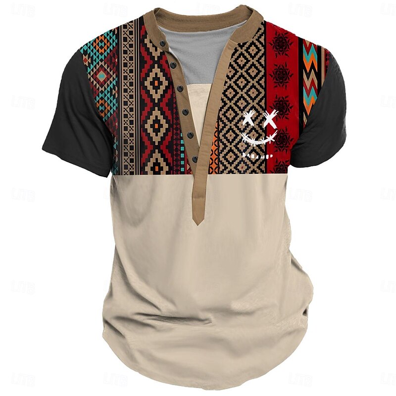Smile Face  Men's Ethnic Style 3D Print T shirt Tee Henley Shirt Casual Daily T shirt Black Khaki Short Sleeve Henley Shirt Summer Clothing Apparel S M L XL XXL 3XL