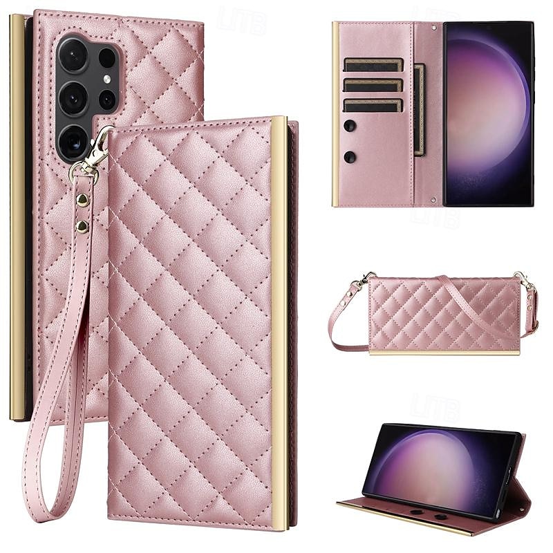 Phone Case For Samsung Galaxy S25 S24 S23 S23 FE S22 S21 Ultra Plus S20 Wallet Case with Lanyard with Wrist Strap Kickstand Geometric Pattern TPU PU Leather