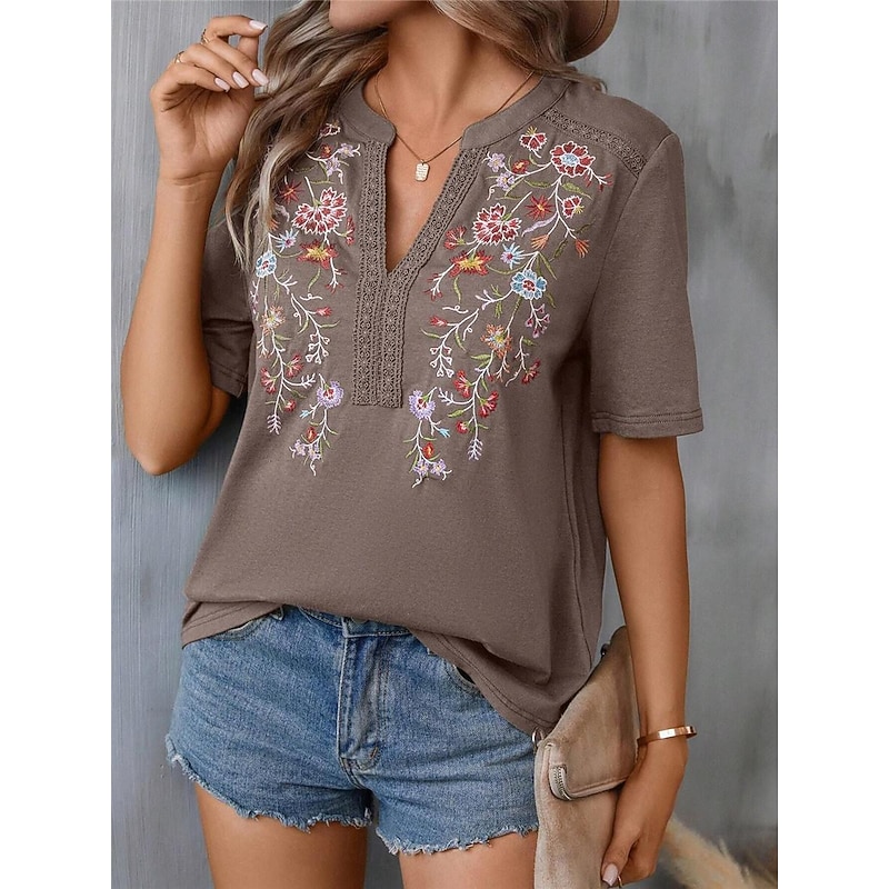 Women's Lace Shirt T Shirt Floral Fashion Modern Half Sleeve V Neck Regular Tops Vacation Daily Lace Patchwork Embroidered Black Army Green Navy Blue Purple Brown Summer