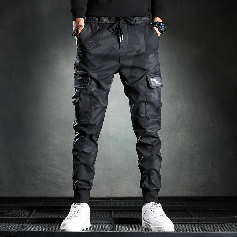 Men's Cargo Pants Cargo Trousers Trousers Cropped Pants Casual Pants Drawstring Elastic Waist Camouflage Comfort Breathable Casual Daily Streetwear Sports Fashion Black Micro-elastic