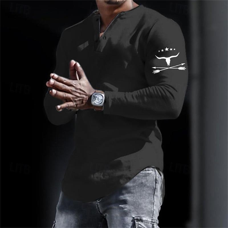 Men's Graphic Cowboy Henley Shirt Long Sleeve 3D Print Fashion Daily Casual Casual Holiday Going out Spring &  Fall Black White Yellow Gray Henley Henley T-Shirt3