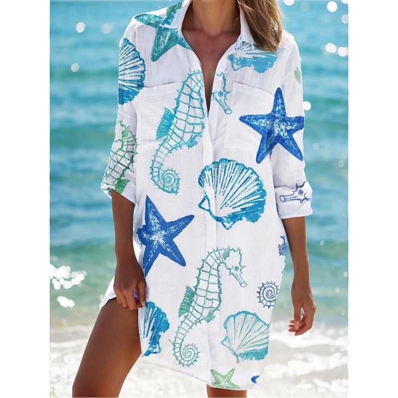 Women's Beach Cover-Up Long Sleeve V-Neck Marine Print Button-Up Roll Tab Sleeve White Blue One Size Resort Wear Summer Sea Life Pattern Clothing Apparel