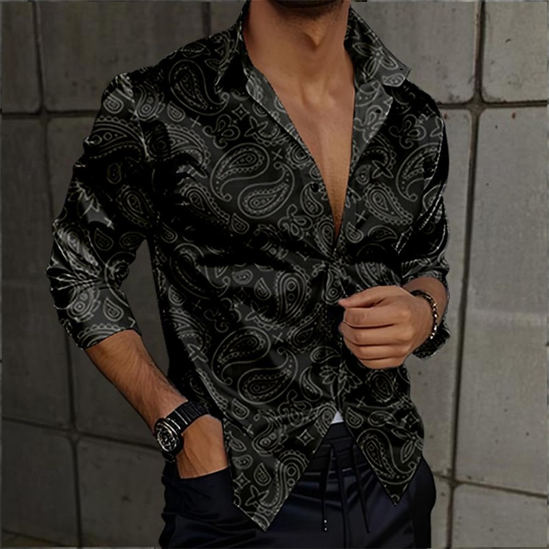 Men's Satin Shirt Dress Shirt Button Up Shirt Paisley Vacation Daily Black Yellow Red Blue Long Sleeve Turndown Fall Spring & Summer Clothing Apparel Button Up3