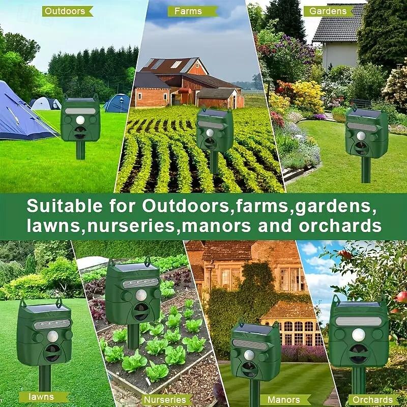 Solar powered animal repeller with 5 operating modes sensitivity adjustment button and LED flash to repel animals. Note Not suitable for repelling large animals.3
