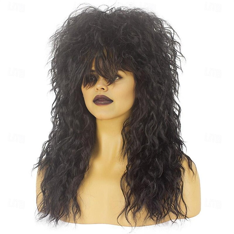 80s Rock Mullet Wigs for Men and Women Long Brown Curly Wig 70s 80s Costumes for Men Women Halloween Cosplay Party Wigs4