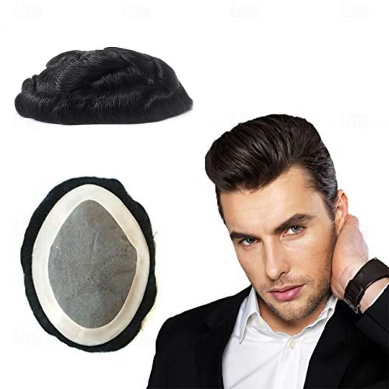 Mens Hair Replacement Systems Toupee for Men Black Real Wigs Poly Coating Human Hair Fine Mono Hairpieces #1B 6X8 7X9 8X10 - Main Image