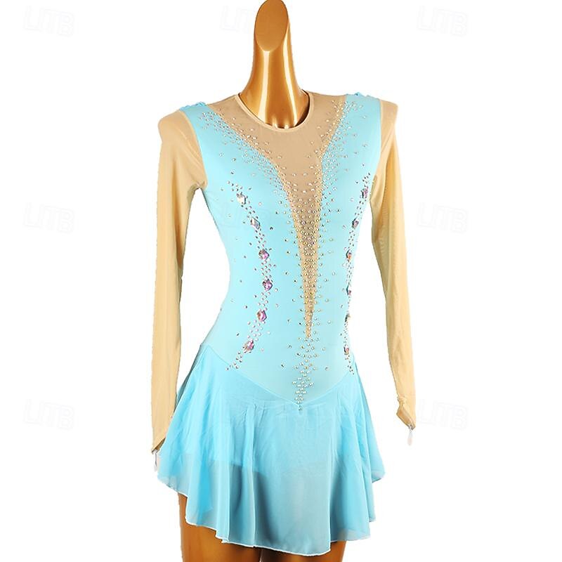 Figure Skating Dress Women's Girls' Ice Skating Dress Lake Blue Patchwork Open Back Mesh High Elasticity Training Competition Skating Wear Classic Crystal / Rhinestone Long Sleeve Ice Skating Figure2