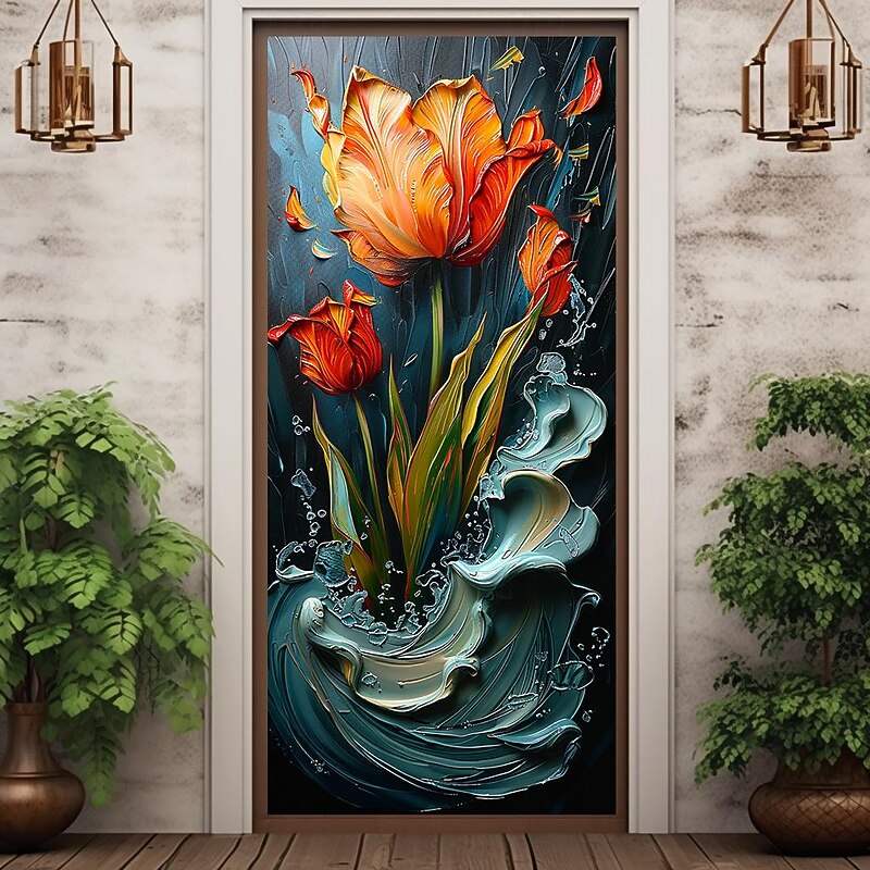 3D Flowers Door Covers Mural Decor Door Tapestry Door Curtain Decoration Backdrop Door Banner Removable for Front Door Indoor Outdoor Home Room Decoration Farmhouse Decor Supplies