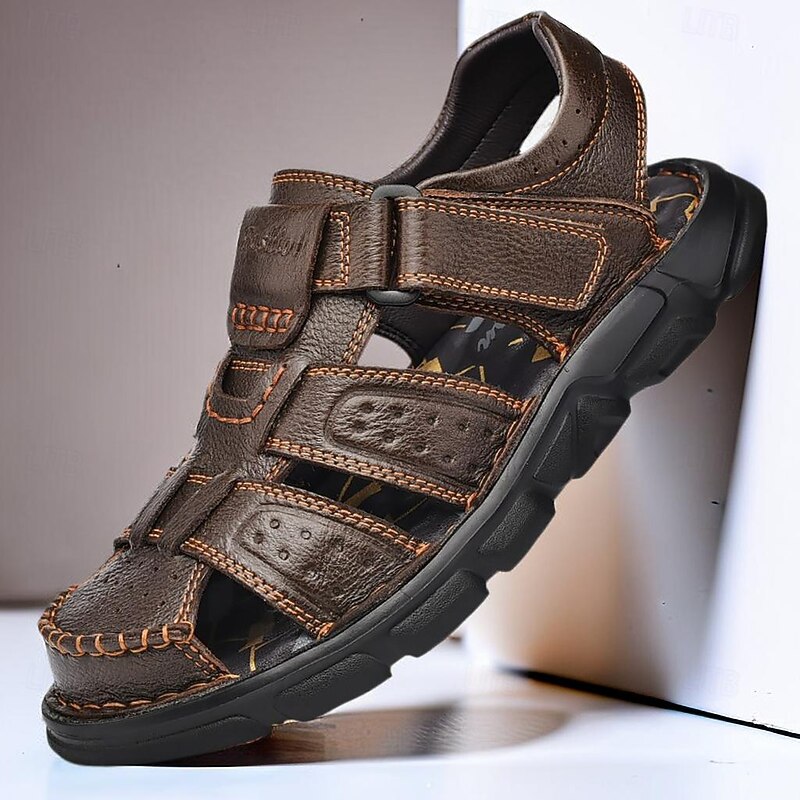 Men's Brown Leather Closed-Toe Fisherman Sandals with Hand-Sewn Stitching – Breathable and Durable Outdoor Sandals for Summer Adventures