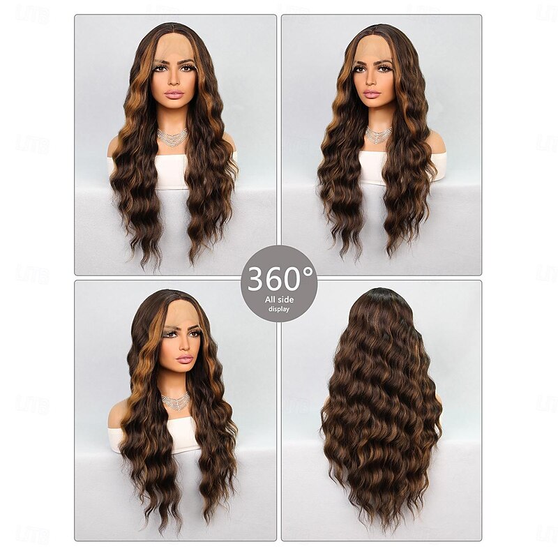 Synthetic Lace Wig Wavy Style 26 inch Multi-color Middle Part T Part Wig Women Wig sepia3