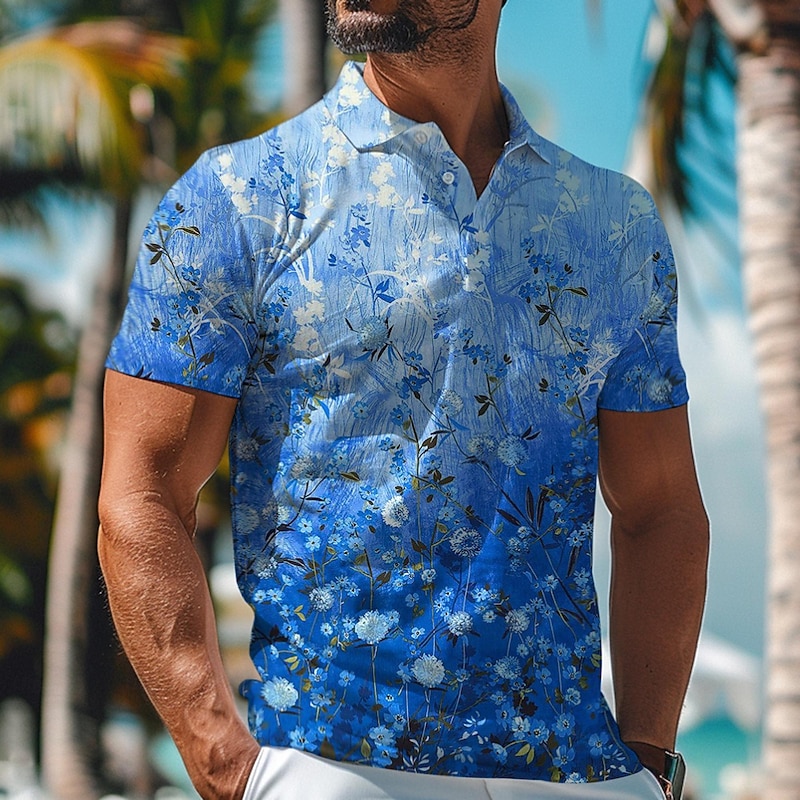 Kentucky Derby Men's Floral Hawaiian Polo Shirts Golf Shirt Short Sleeve Polo Shirts Collared Shirts Beach Wear Vacation Wear Tropical Wear Party Outfits Buttons 3D Print Spring & Summer Pink Blue