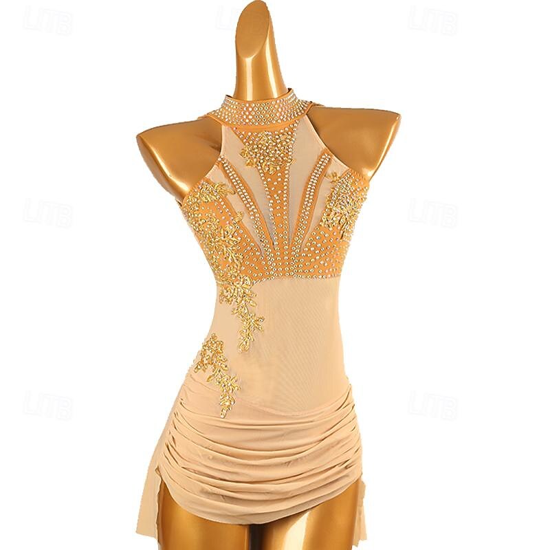 Figure Skating Dress Women's Girls' Ice Skating Dress Champagne Patchwork Open Back Mesh High Elasticity Training Competition Skating Wear Classic Sleeveless Ice Skating Figure Skating