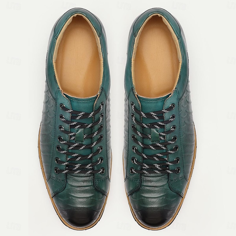 Men's Dress Sneakers Green Leather Black Toe Cap Rugged Sole2