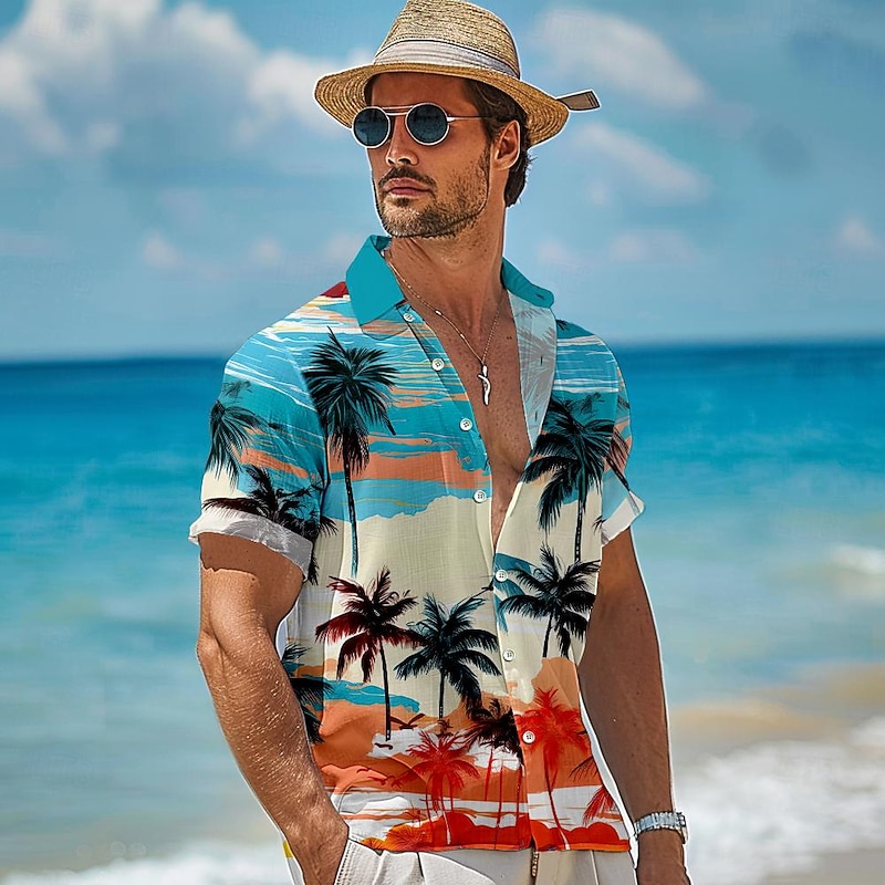 Men's Linen Shirt Beach Shirt Summer Hawaiian Shirt Coconut Tree Performance Vacation Navy Blue Sky Blue Short Sleeve Turndown Summer Spring Clothing Apparel