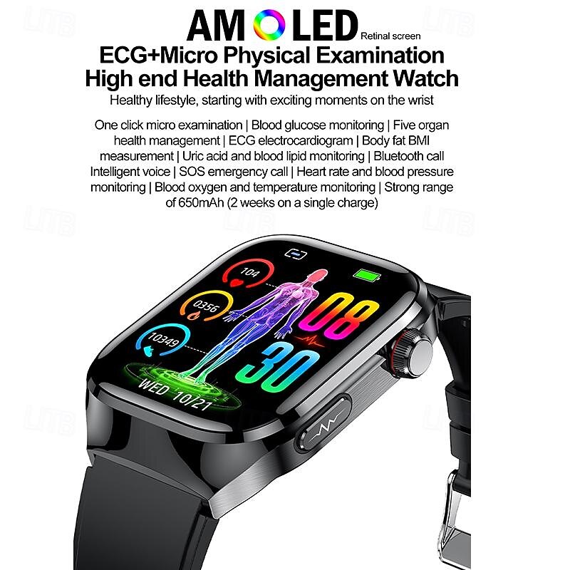 iMosi TK16 Smart Watch 2.04 inch Smartwatch Fitness Running Watch Bluetooth ECG+PPG Temperature Monitoring Pedometer Compatible with Android iOS Women Men Long Standby Hands-Free Calls Waterproof IP684