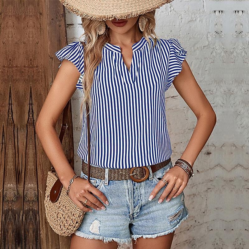 Women's Shirt Blouse Casual Striped Ruffle Print Short Sleeve Regular Tops V Neck Daily Red Navy Blue Blue Brown Green Summer