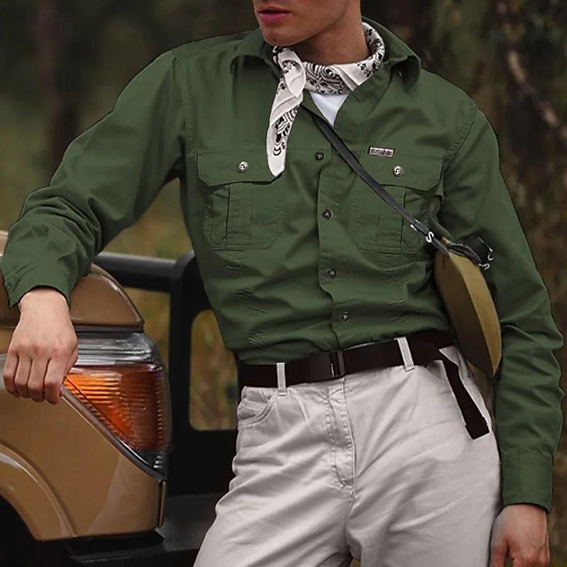 Men's Shirt Button Up Shirt Work Shirt Cargo Shirt Black White khaki Army Green Long Sleeve Plain Lapel Hawaiian Vacation Pocket Clothing Apparel Fashion Casual Comfortable
