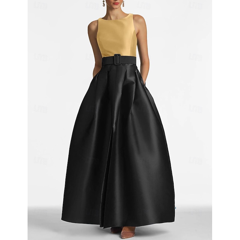 A-Line Evening Gown High Split Dress Beach Wedding Formal Wedding Guest Floor Length Sleeveless Jewel Neck Belt / Sash Satin with Pleats Slit2
