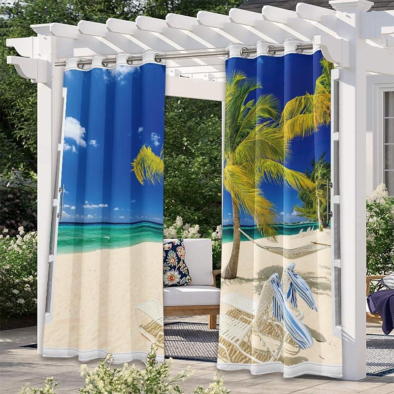 Outdoor Curtains Waterproof Windproof Weatherproof Curtain for Patio, Cabana, Porch, Pergola and Gazebo, Grommet Top Drape, 2 Panels Beach Palm2