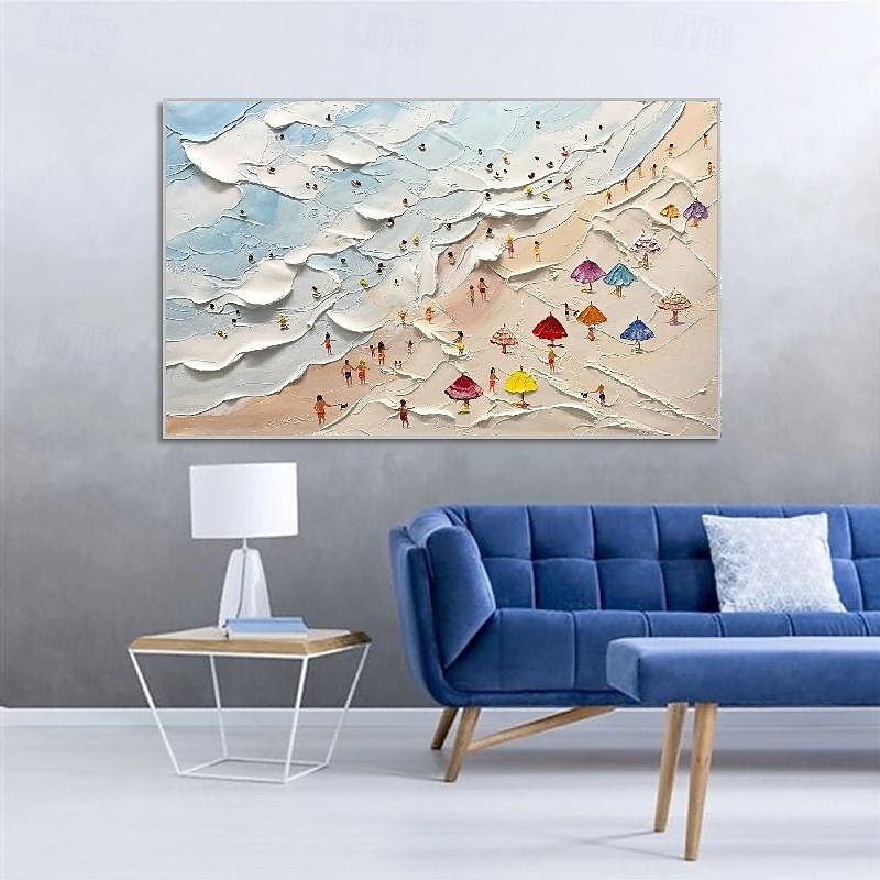 Hand painted Happy Coast Painting Swimming Painting Custom Painting Texture wave beach oil painting Wall Art Personalized Gift Summer Art Costal Art Crowds on the Shore Painting