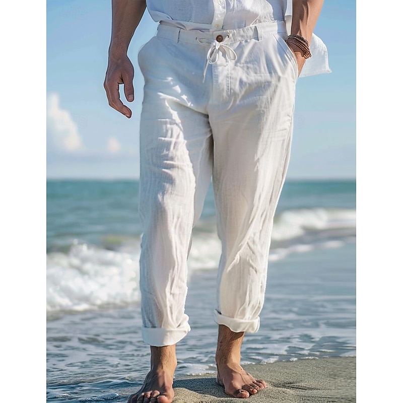 Men's Linen Pants Trousers Summer Pants Beach Pants Front Pocket Straight Leg Plain Comfort Breathable Casual Daily Holiday Fashion Basic White Sky Blue