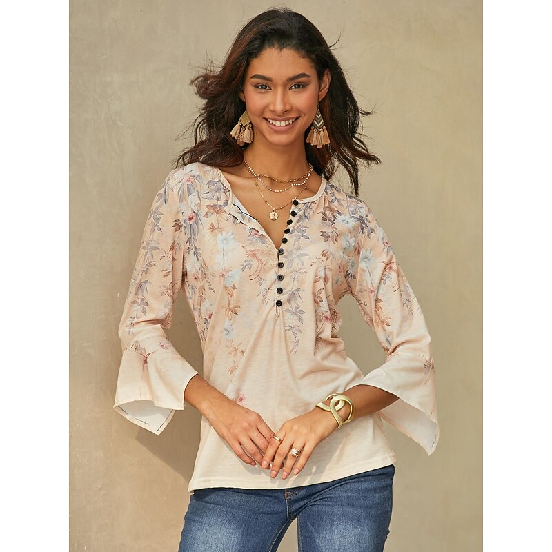 Women's T Shirt Basic Floral Buttons Print 3/4 Length Sleeve Regular Tops Round Neck Holiday Yellow Blue3