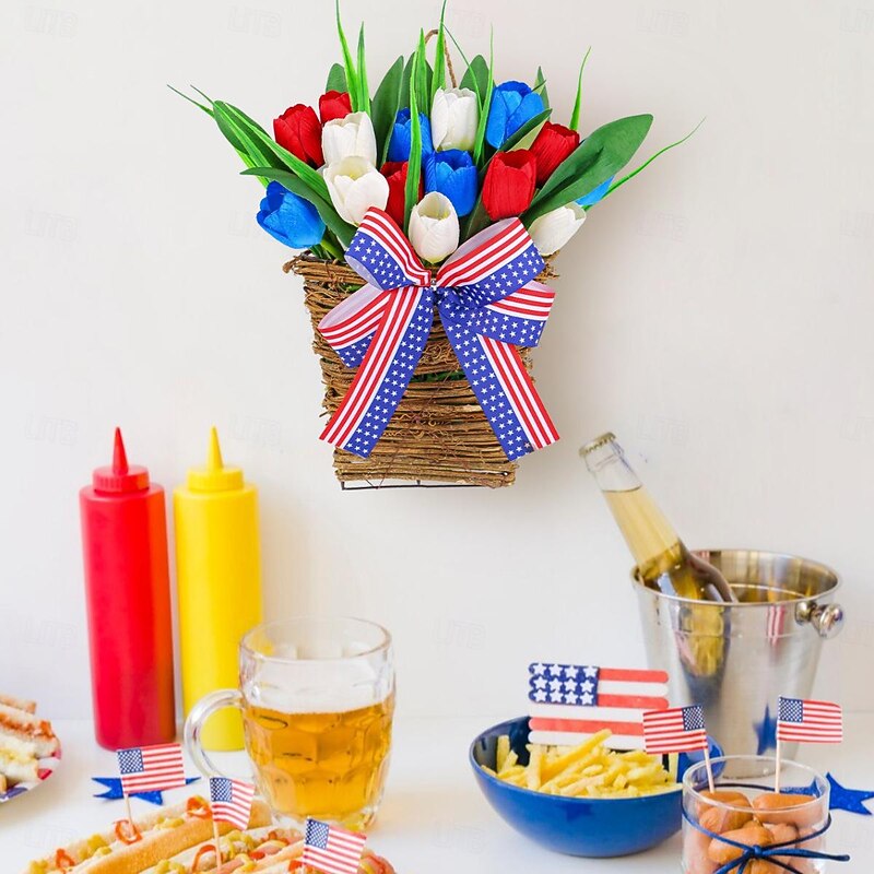 4th of July Patriotic Tulip Wreath Wall Hanging, Red White Blue Artificial Flower Garland, American Flag Door Decor for Independence Day Indoor Outdoor Display3