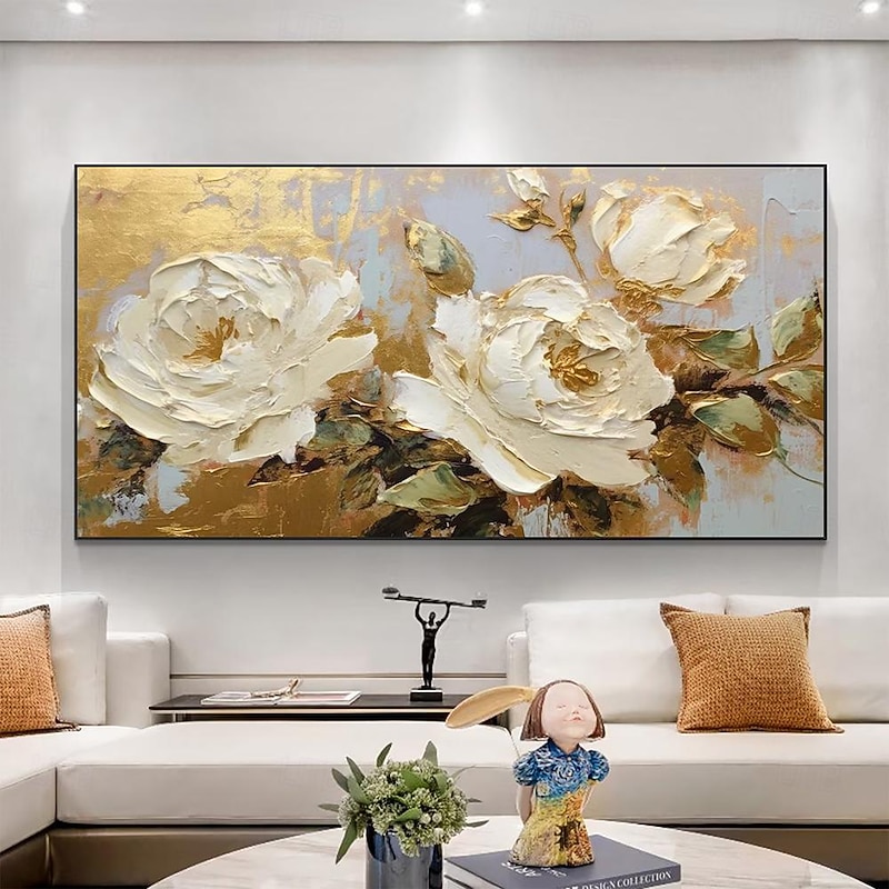 Mintura Handmade Gold Floral Oil Paintings On Canvas Large Wall Art Decoration Modern Abstract White Flower Picture For Home Decor Rolled Frameless Unstretched Painting