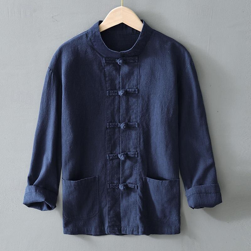 Men's Shirt Cotton Linen Shirt White Cotton Shirt Chinese Collar Shirt Mandarin Collar Shirt Casual Shirt Plain Vacation Hawaiian Black White Blue Khaki Long Sleeve Band Collar Spring &  Fall3