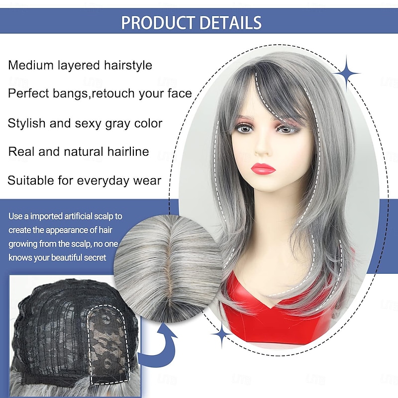 Silver Ash Brown Grey Wigs for White Women Medium Length Layered Silver Gray Wavy Wig with Bangs Natural Looking Heat Synthetic Side Part Gray Wigs for Daily Party Use Salt and Pepper Wigs for Women2