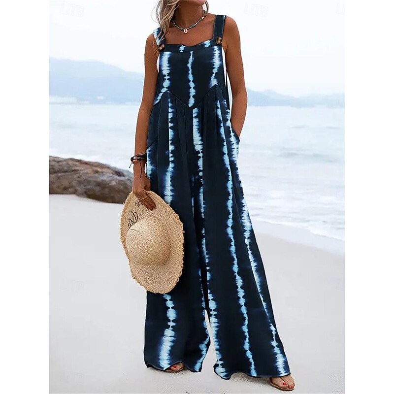 Women's Normal Jumpsuit Dungarees Casual Tie Dye Sleeveless Square Neck Pocket Print Street Daily Regular Fit Black Pink Blue Summer2