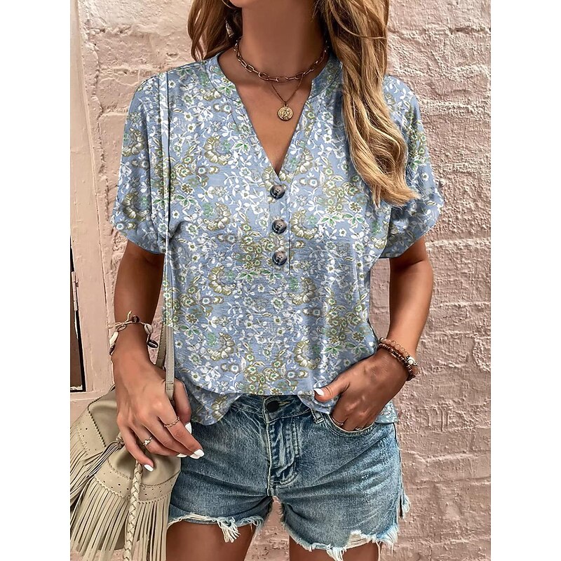 Women's Tunic T Shirt Graphic Vintage Short Sleeve V Neck Regular Tops Daily Print Pink Blue Green Summer
