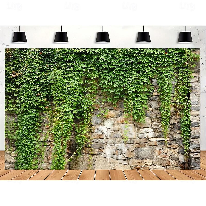 1pc Spring Garden Leaves Falling Horticultural Plants Grunge Stone Wall Green Banner Leaves And Branches Covering Vintage Architecture Photo Background2
