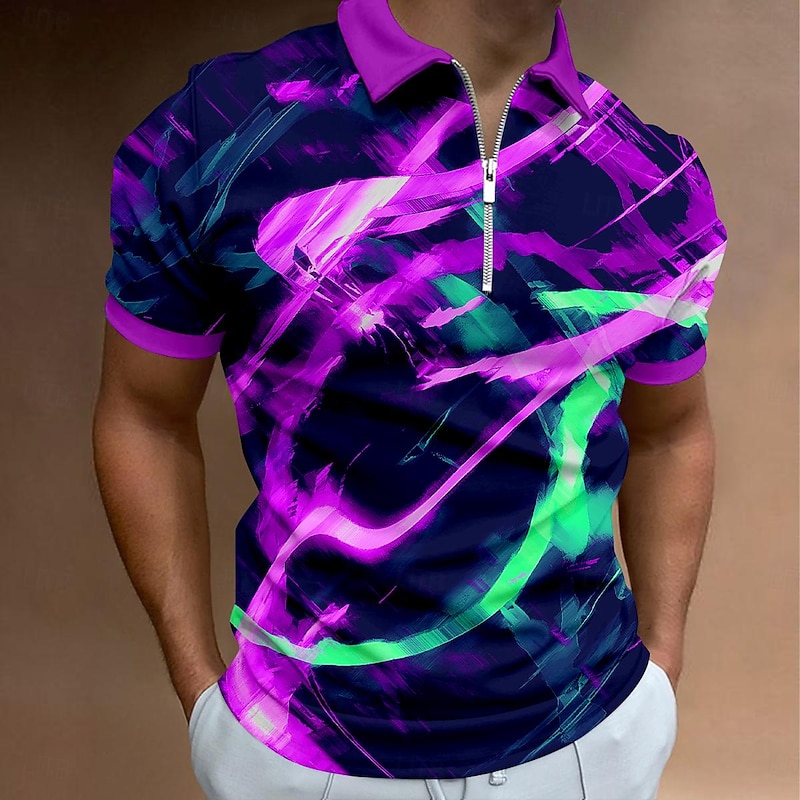 Men's Graphic Zip Polo Shirts Golf Shirt Short Sleeve Polo Shirts Collared Shirts Vacation Wear Rave Wear Party Outfits 3D Print Quarter Zip Polo Spring & Summer Red Purple