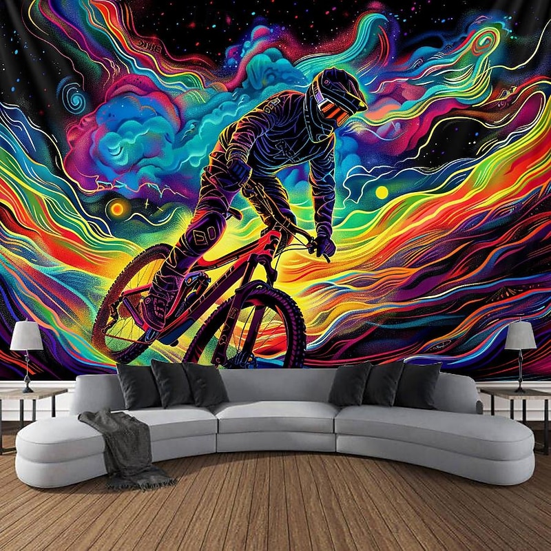 Blacklight Tapestry UV Reactive Glow in the Dark Glow Party Neon Cyclist Psychedelic Trippy Misty Hanging Tapestry Wall Art Mural for Living