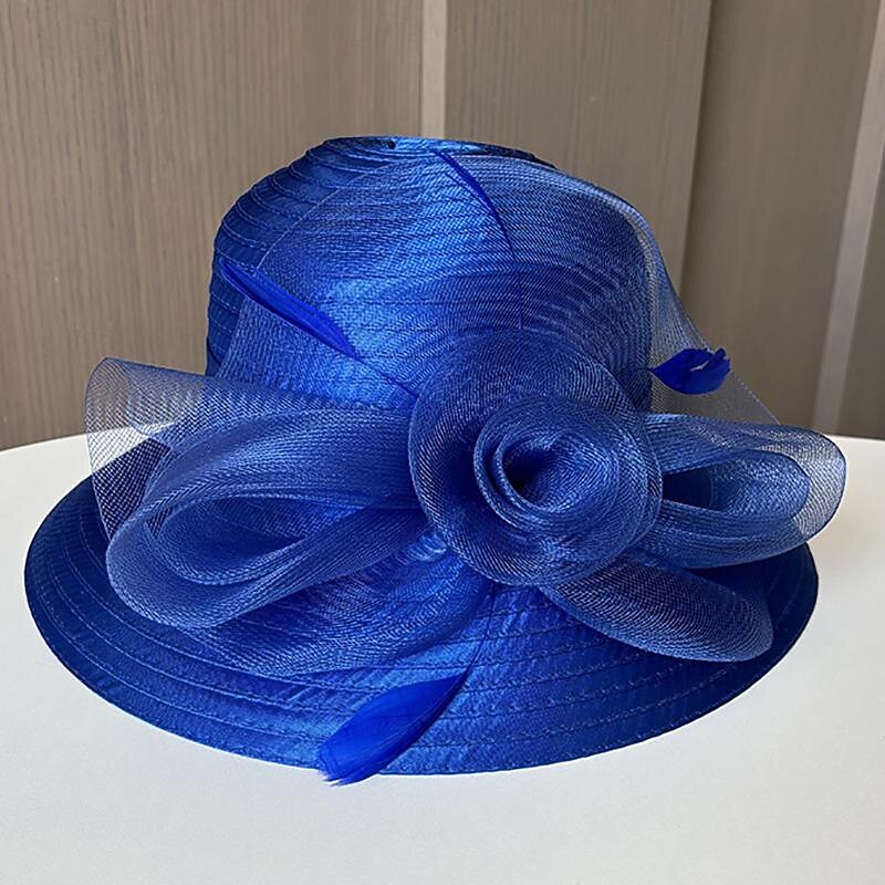 Fascinators Hats Headwear Polyester Organza Bucket Hat Floppy Hat Sun Hat Casual Holiday Elegant Vintage With Feather Flower Headpiece Headwear